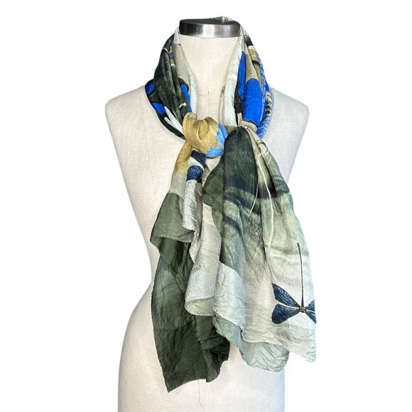 CONTRO FIGURA MARGARET O'LEARY Green Blue Butterfly Large Silk Scarf Rectangle - Picture 1 of 12